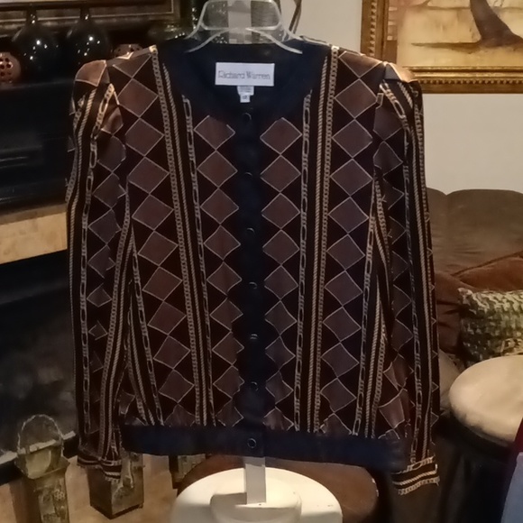 FINAL PRICE VTG Richard Warren 100% silk l/s blouse w diamonds & chains print 12 - Picture 2 of 7